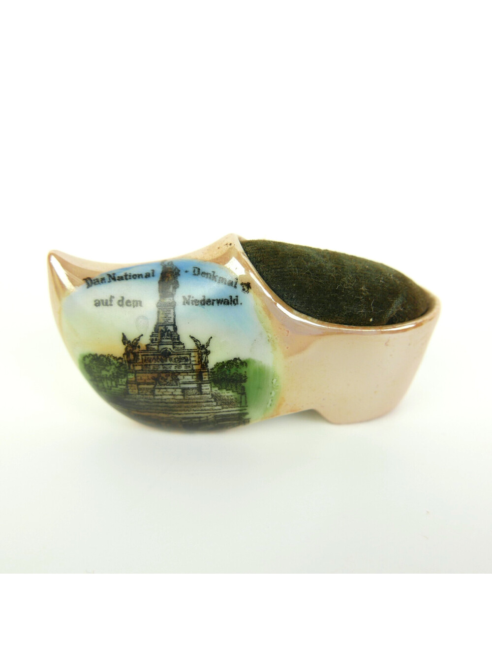 Antique Porcelain Shoe Pin Cushion Germany Niederwald Monument Souvenir Clog 3"